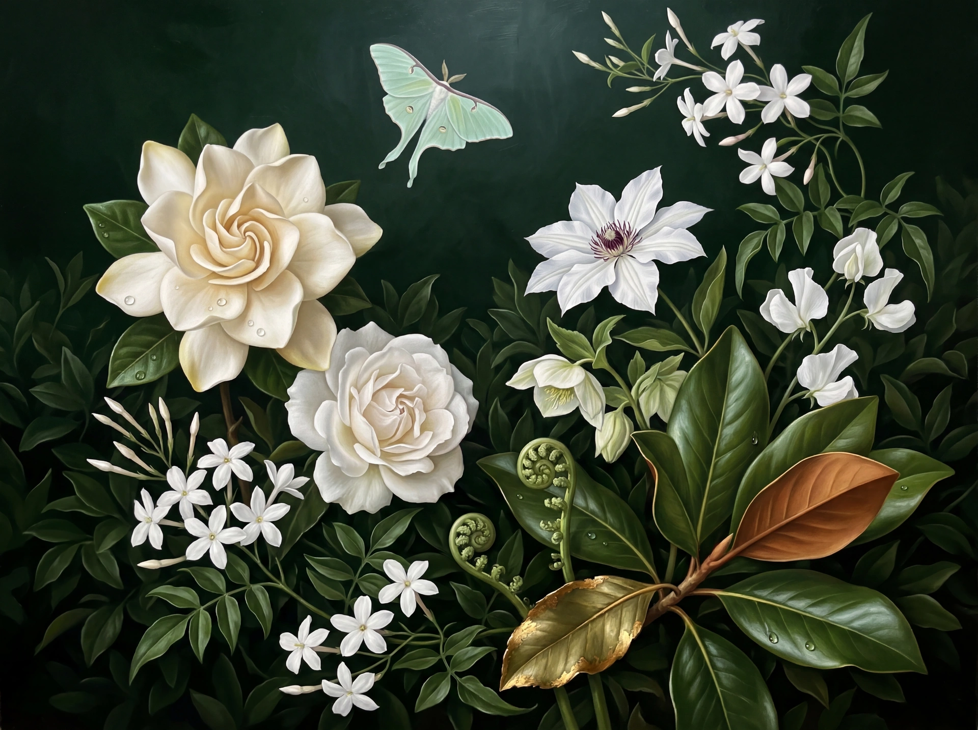 Emerald Depths — dark botanical mural with lush foliage, ferns, and flowering branches on a deep emerald ground